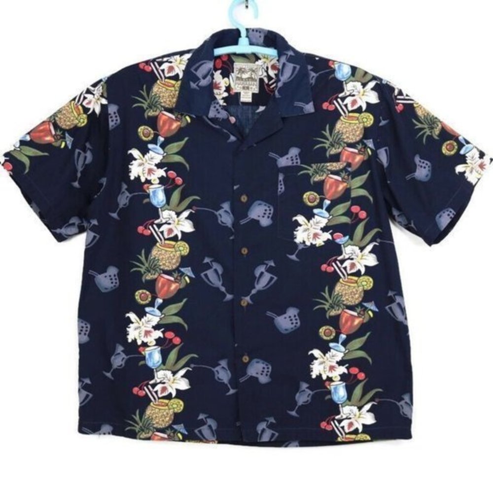 Steve & Barry's Shirt Hawaiian Tropical‎ Floral Drinks Blue L Large